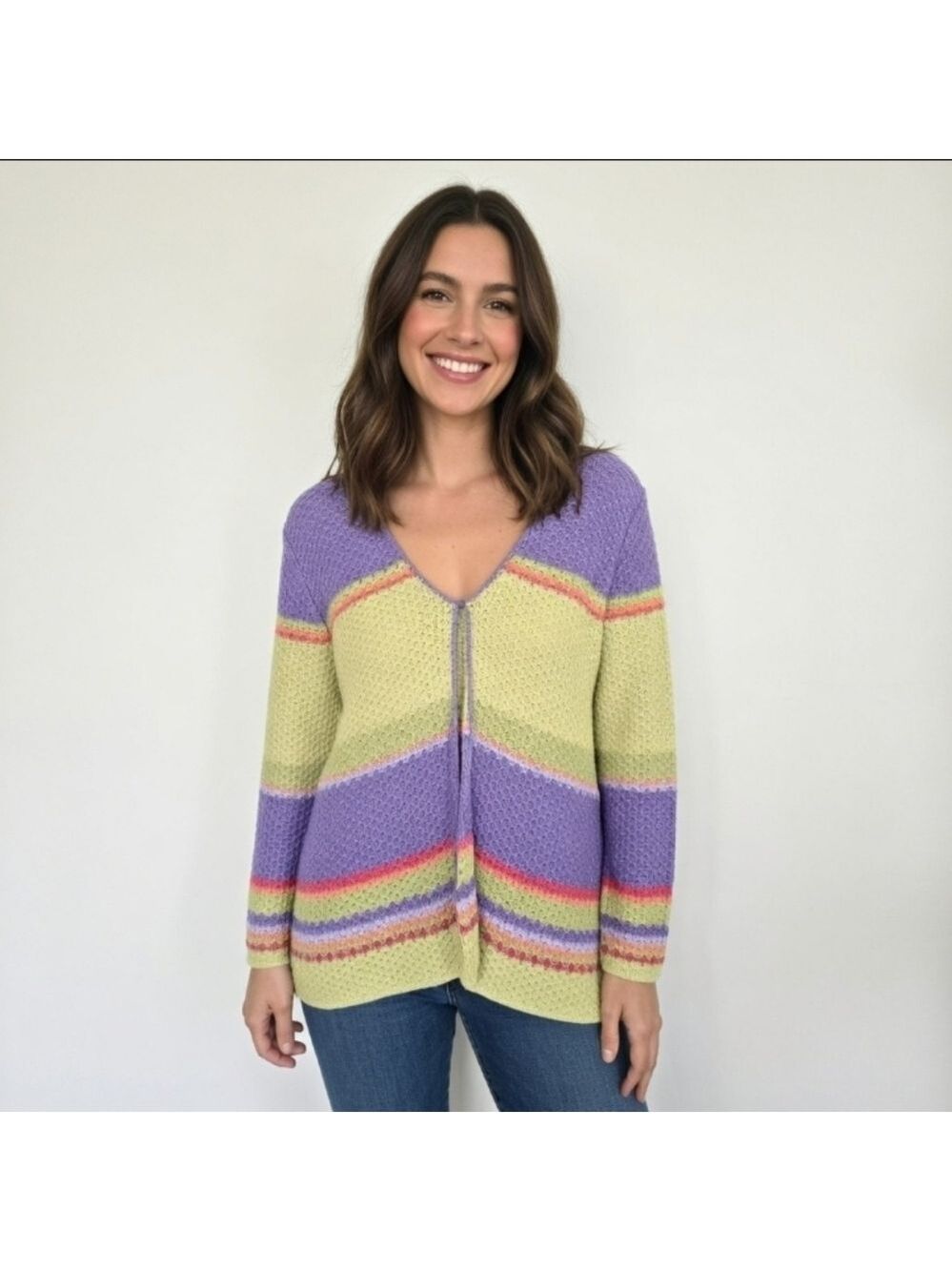 First Issue By Liz Claiborne Pastel Striped Knit Cardigan Sweater Size L